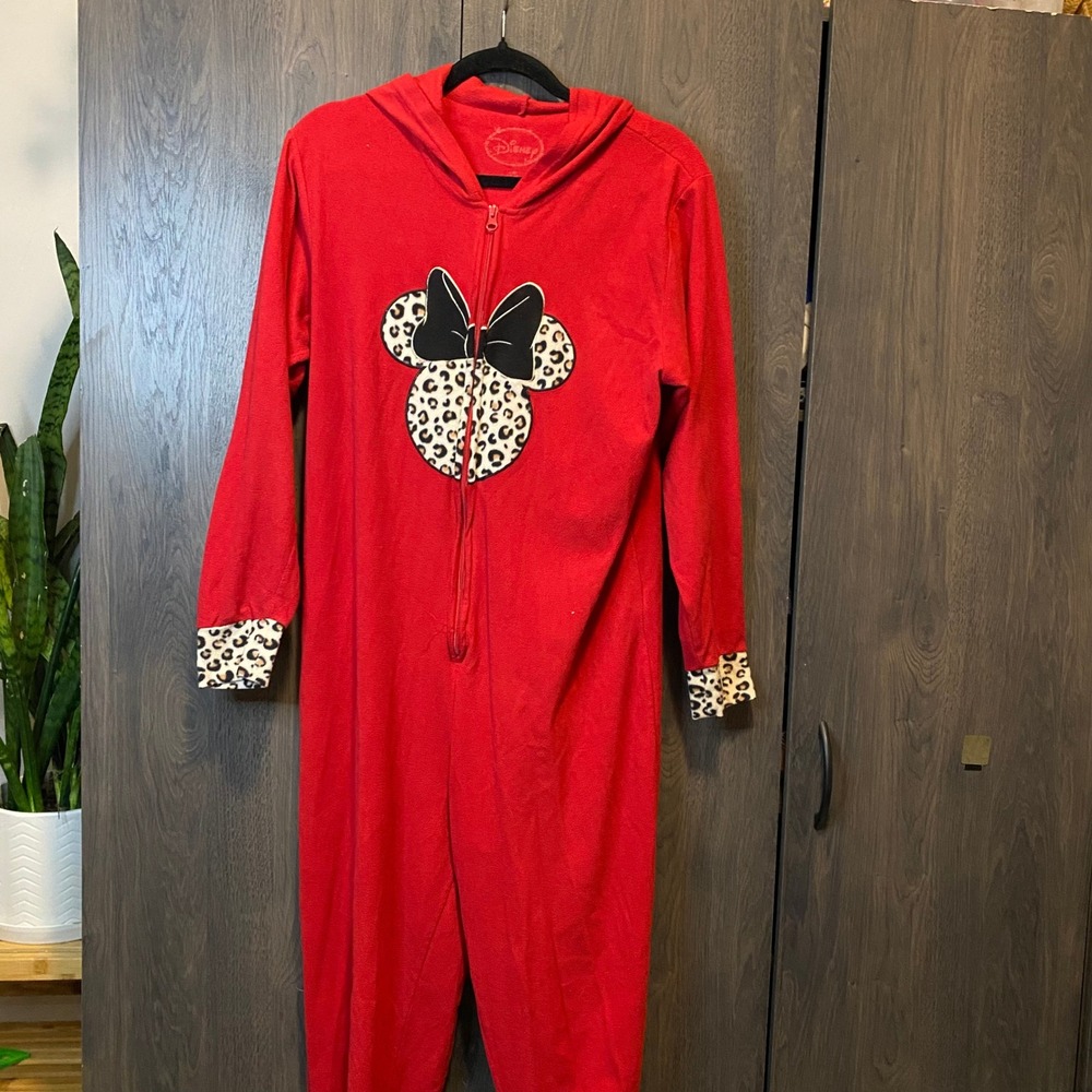 Disney Minnie Mouse Red Fleece Hooded Pajama onesie Leopard Print Ears L 12-14